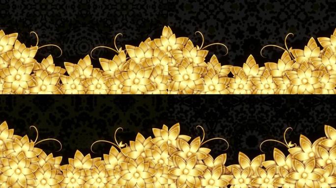 黑色背景上的金色闪亮花动画。豪华金色3d花卉动画背景，金色花卉动画背景，复古装饰装饰花卉移动动画。