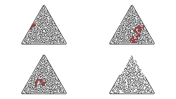 动画红线穿过三角形迷宫。做出正确的决定很难。商业上的成功。智力开发的谜题和游戏。循环视频
