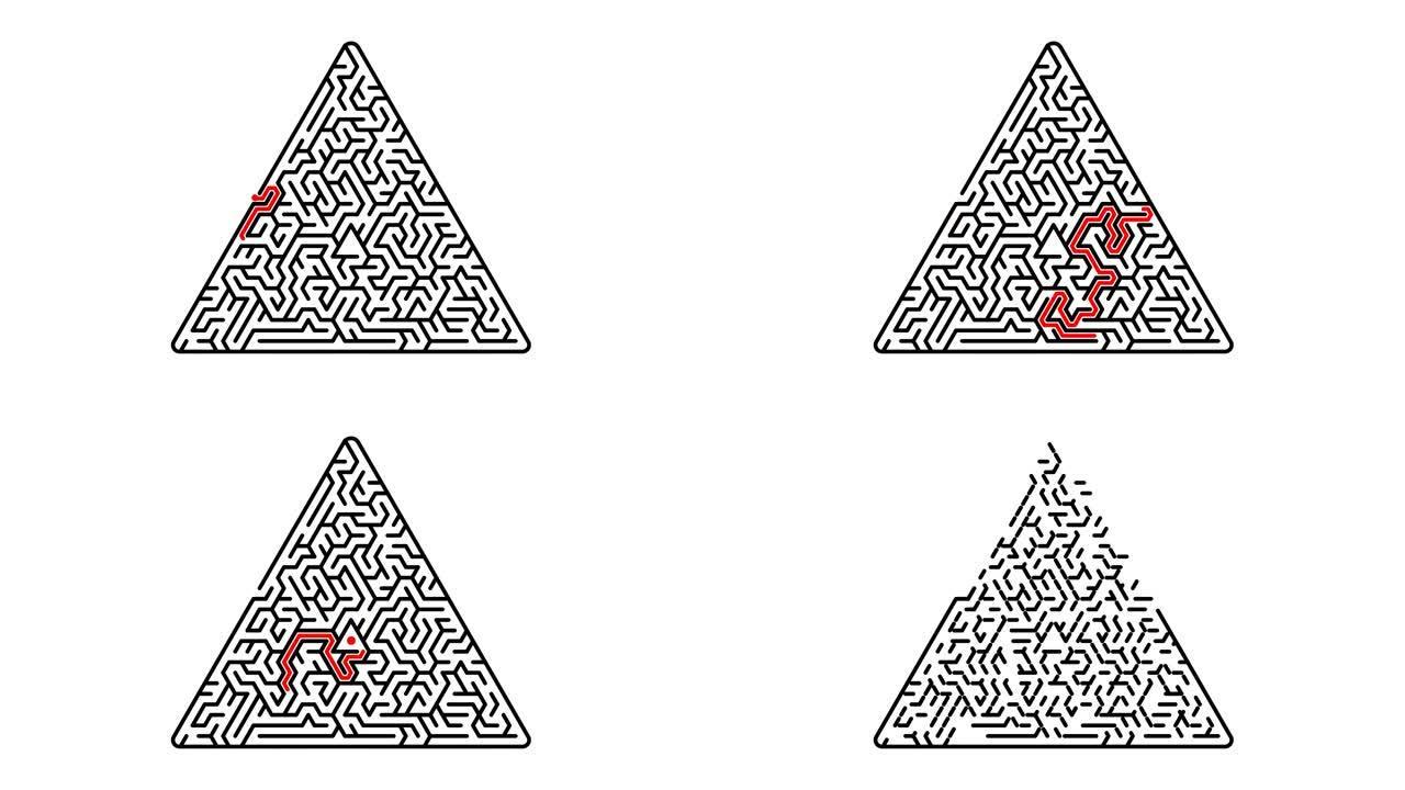动画红线穿过三角形迷宫。做出正确的决定很难。商业上的成功。智力开发的谜题和游戏。循环视频
