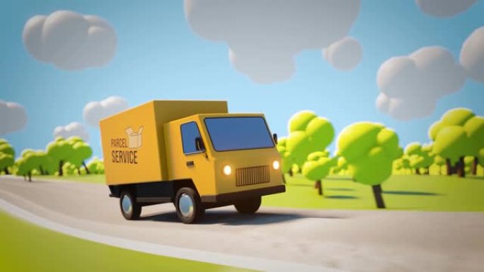 某包裹服务公司快递面包车赶着准时送包裹的抽象卡通风格动画