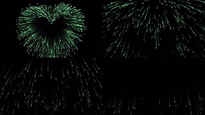 带有心形粒子的4k彩色烟花在Alpha通道 (透明) 上产生动画效果，情人节，节日，贺卡，夜间庆祝活