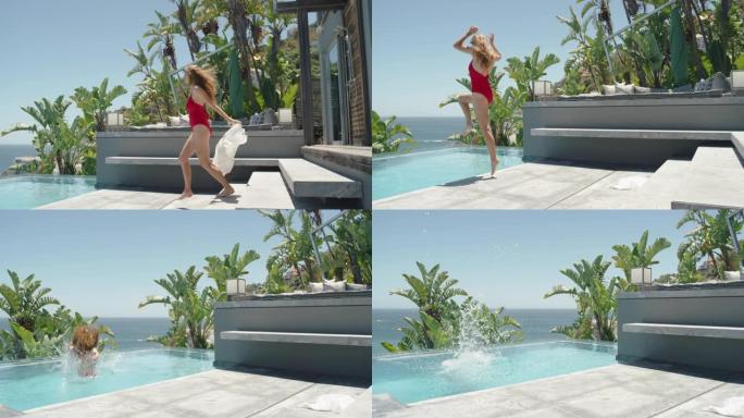 性感的女人在豪华酒店的游泳池里跳跃，享受在热带度假胜地与海景游泳，在温暖的阳光明媚的日子里度过愉快的