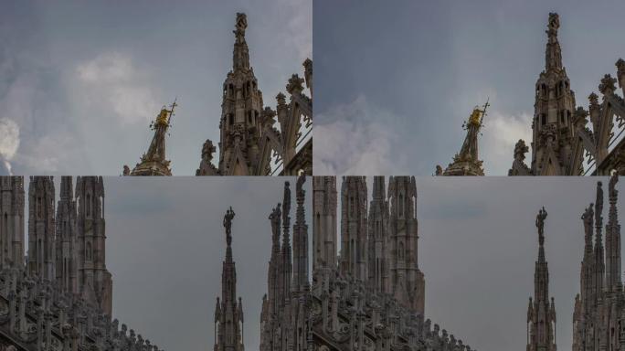 意大利米兰大教堂两座建筑延时镜头雕像