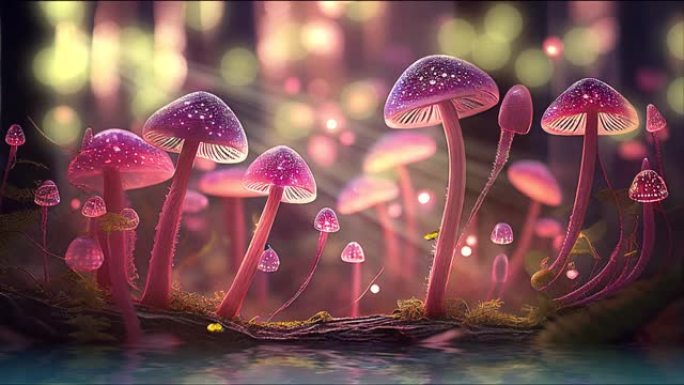由沼泽生长的神奇粉红色蘑菇飞行的小蝴蝶的说明性动画