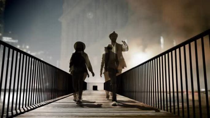 一男一女一起走在现代街道上，发现未来的城市城市天际线 -- 幸福生活方式场景