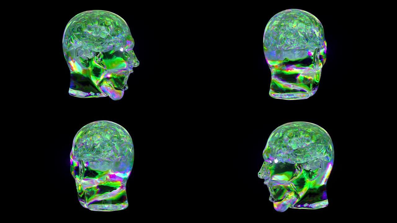 人工智能的可视化。透明尖叫的脑袋里的钻石大脑。彩虹绿。3d动画