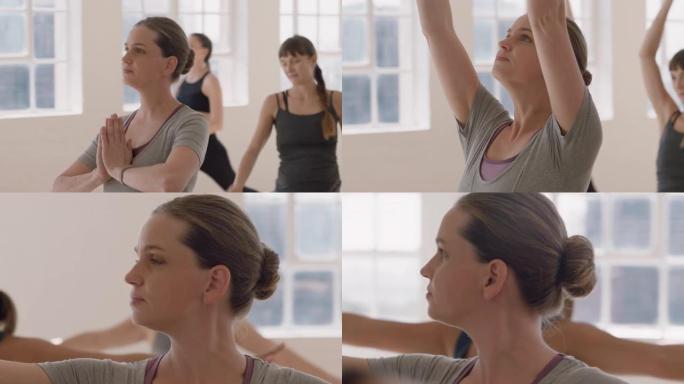 肖像年轻怀孕的白人妇女在瑜伽课上练习战士姿势享受健康的生活方式团体在健身工作室锻炼