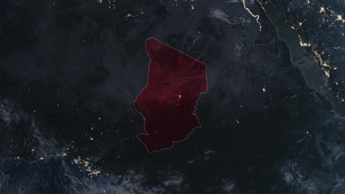 突出显示的乍得的黑暗地图，通过4K照片真实的动画地球从太空放大，全景包括非洲、西欧和美国。史诗旋转的