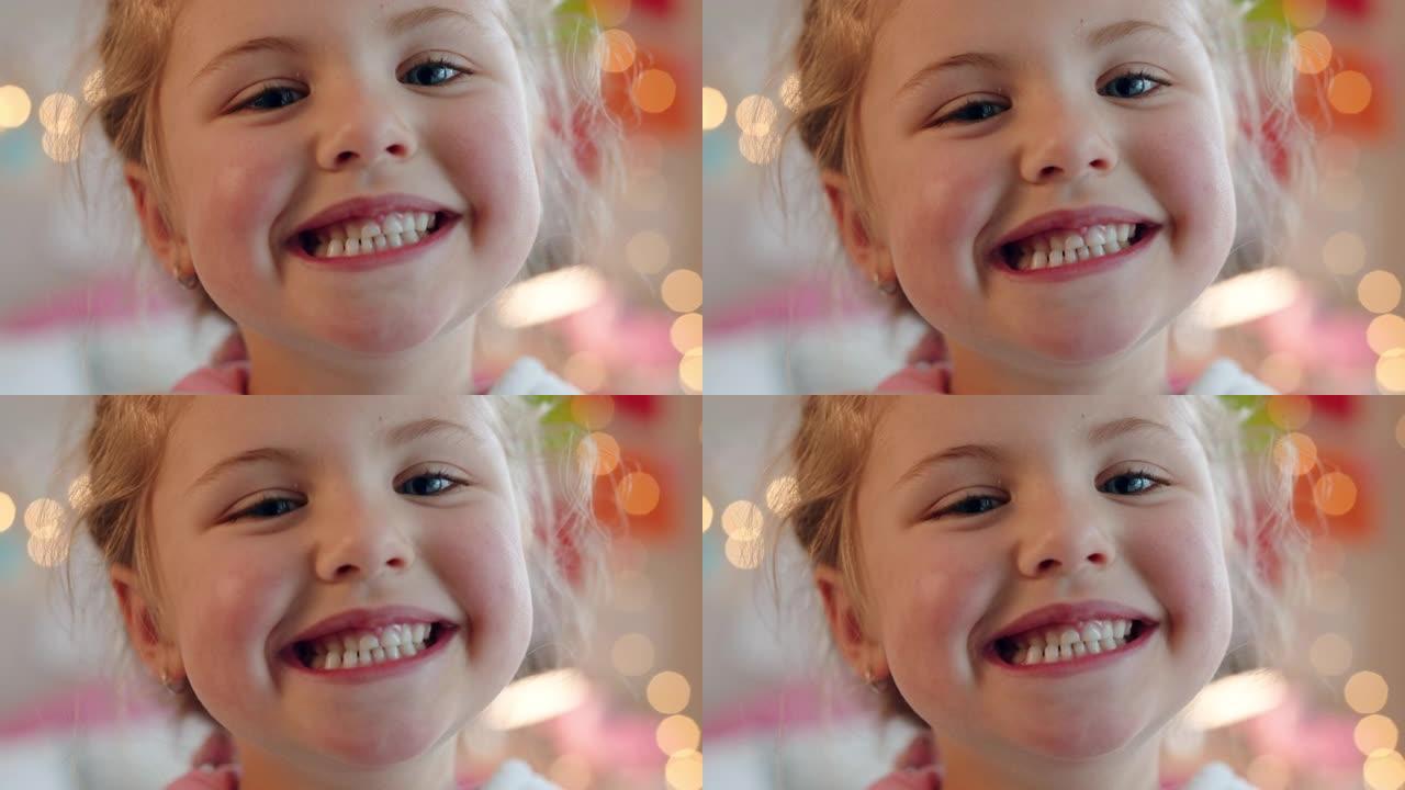肖像美丽的小女孩微笑快乐可爱的孩子在家里看起来很开朗