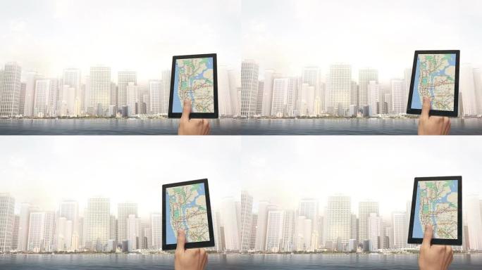 手握导航设备屏幕上的城市地图