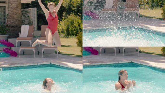 美丽的女人跳进游泳池，在温暖的夏日享受凉爽的水，微笑着为夏天兴奋，穿着红色比基尼4k