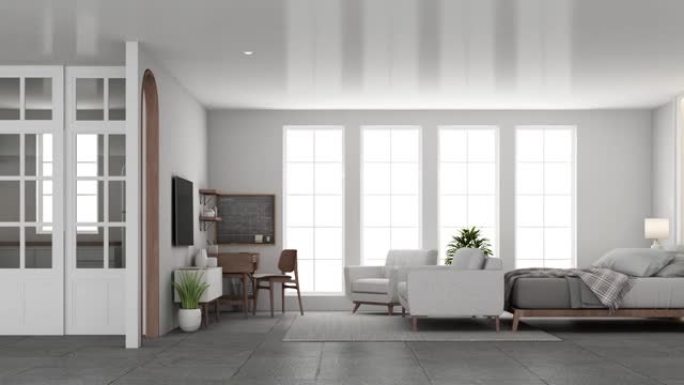 室内公寓简约风格在客厅用餐卧室。在混凝土瓷砖地板和带有大窗户的走廊走道上使用木质材料和浅灰色布。3d