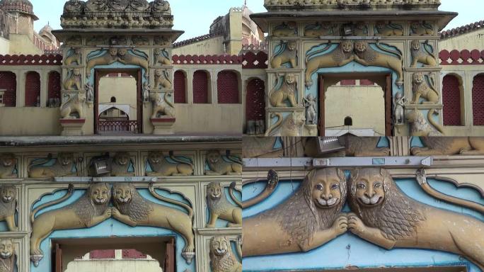 印度拉贾斯坦邦斋浦尔带有狮子浮雕的华丽门拱门