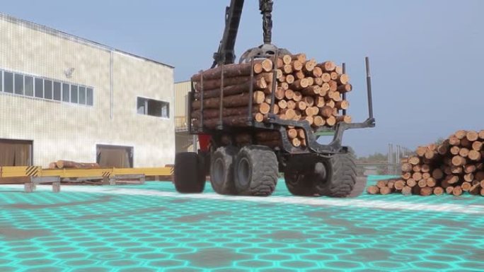 人工智能在现代锯木厂的工作。特种设备穿越锯木厂的领土。锯木厂的工作过程。