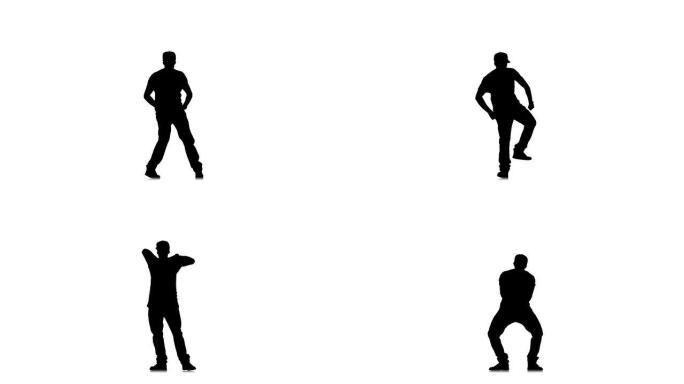 时尚运动的男人在白色背景上跳舞嘻哈kramp，慢动作，剪影