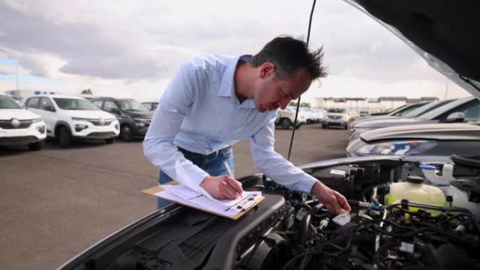 汽车销售人员在经销商的汽车引擎盖下查看，在文书工作上写下序列号