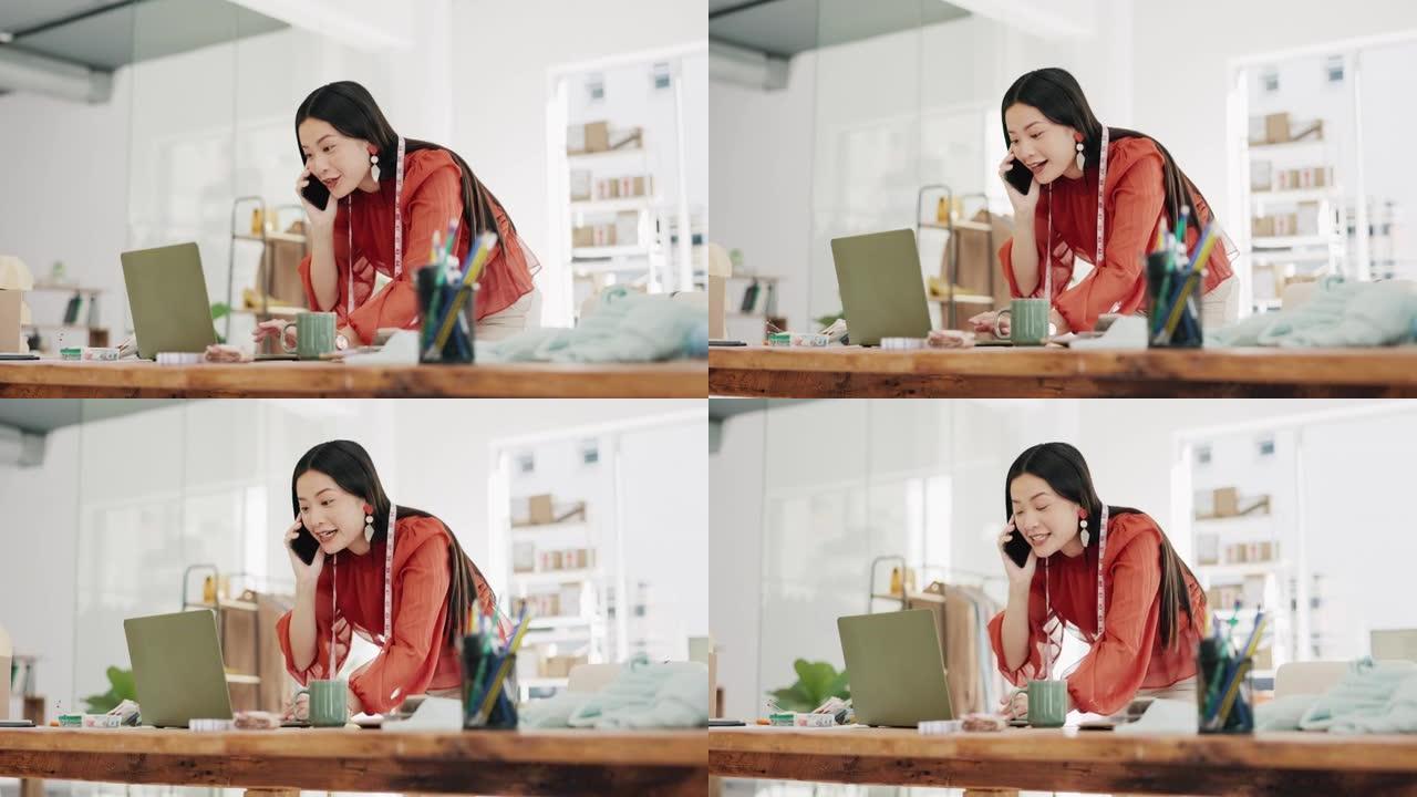 电话，笔记本电脑和电子商务与一位设计师亚洲女性在她的时尚办公室工作，以寻求创意风格。与一名女性员工联