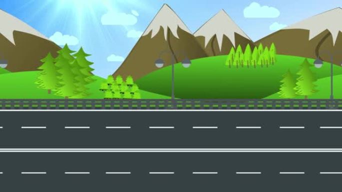 山地动画移动道路景观。2D空高速公路动画。夏季景观矢量插图。空路插图和矢量