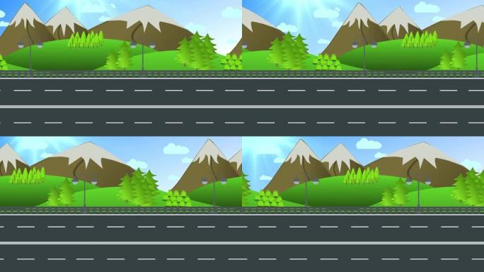 山地动画移动道路景观。2D空高速公路动画。夏季景观矢量插图。空路插图和矢量
