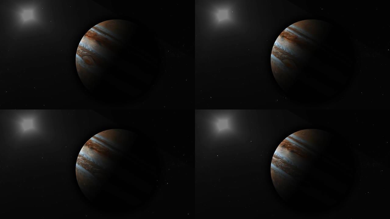 天空中的动画木星行星，有光泽的星空昼夜循环背景。