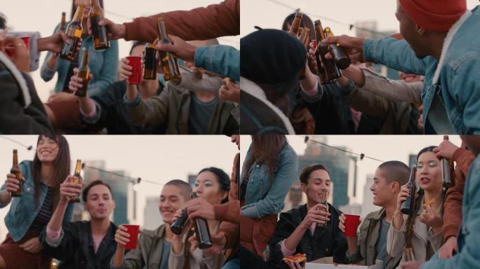 一群喝酒的朋友在屋顶派对上玩得开心，享受日落时一起聊天分享披萨