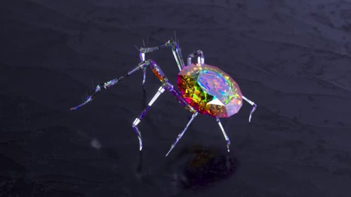 背面有一颗大钻石的水晶蜘蛛跨过深灰色的不平坦表面。3d动画