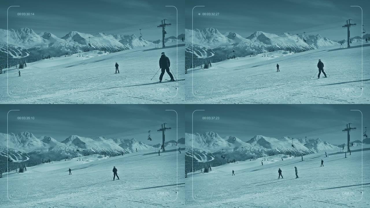 CCTV滑雪跑步，许多滑雪者经过