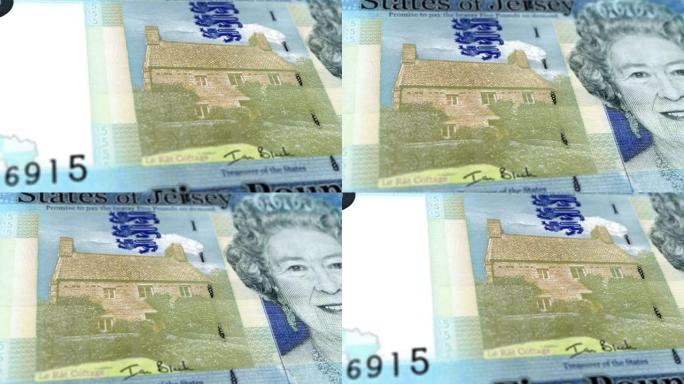 泽西英镑5张纸币，五泽西英镑，泽西英镑的特写和宏观视图，跟踪和多莉拍摄5泽西英镑纸币观察和储备侧，泽