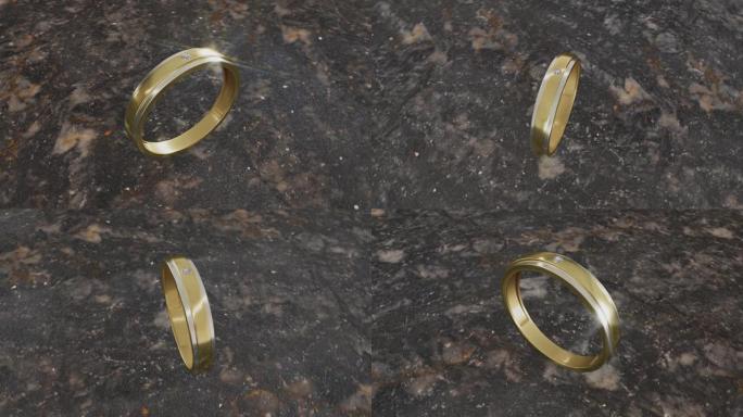 3D渲染的结婚金戒指的动画，石头表面有一颗钻石