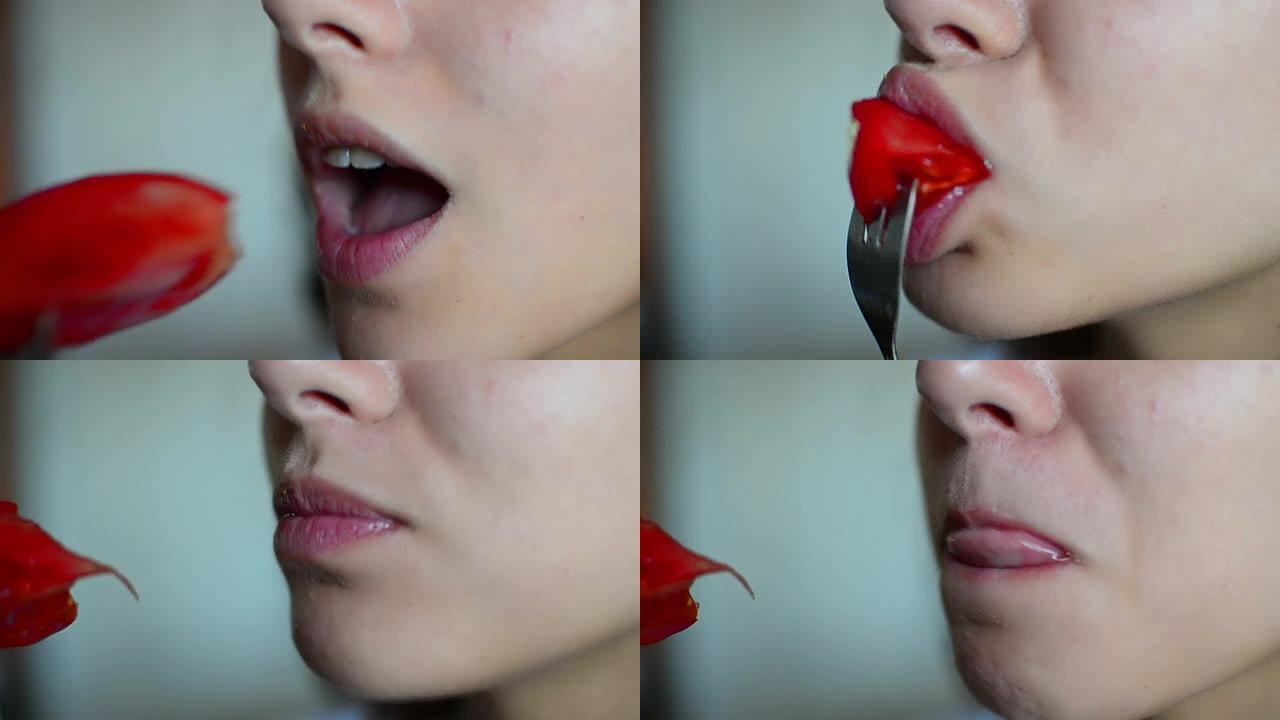 特写美丽的青少年嘴吃番茄股票视频