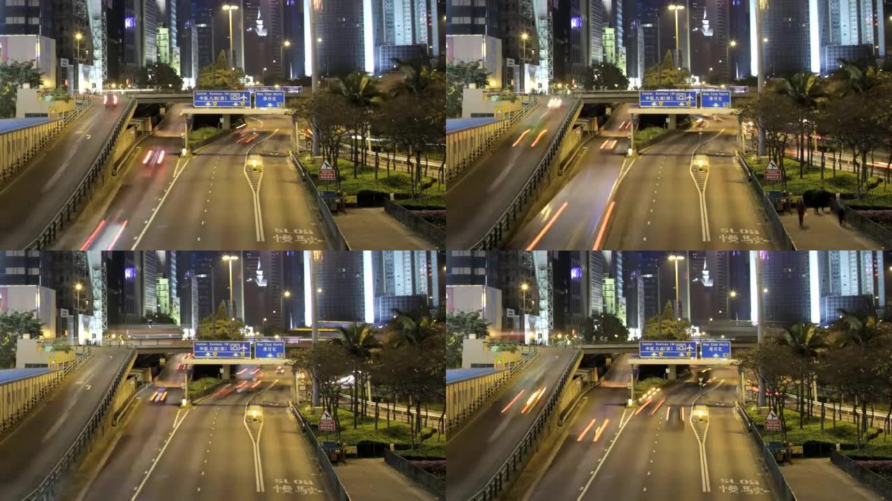 繁忙的高速公路穿过香港的高层建筑