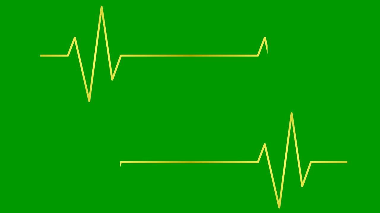心电图的动画黄金线。搏动心电图的线性符号。循环视频。图表、心脏病学、医学的概念。矢量插图孤立在绿色背