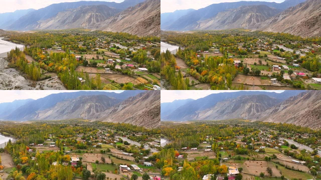 巴基斯坦北部喜马拉雅山喀喇昆仑山区村庄和hunza河峡谷的风景鸟瞰图