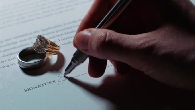 高加索人用结婚戒指在合同/申请上签名