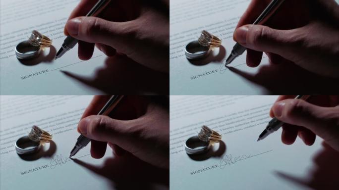 高加索人用结婚戒指在合同/申请上签名