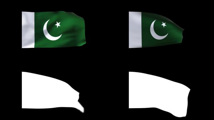 4k动画发展在风在巴基斯坦，哑光完成。在风中飘扬的卡通巴基斯坦国旗。巴基斯坦国旗，织物结构在风中，带