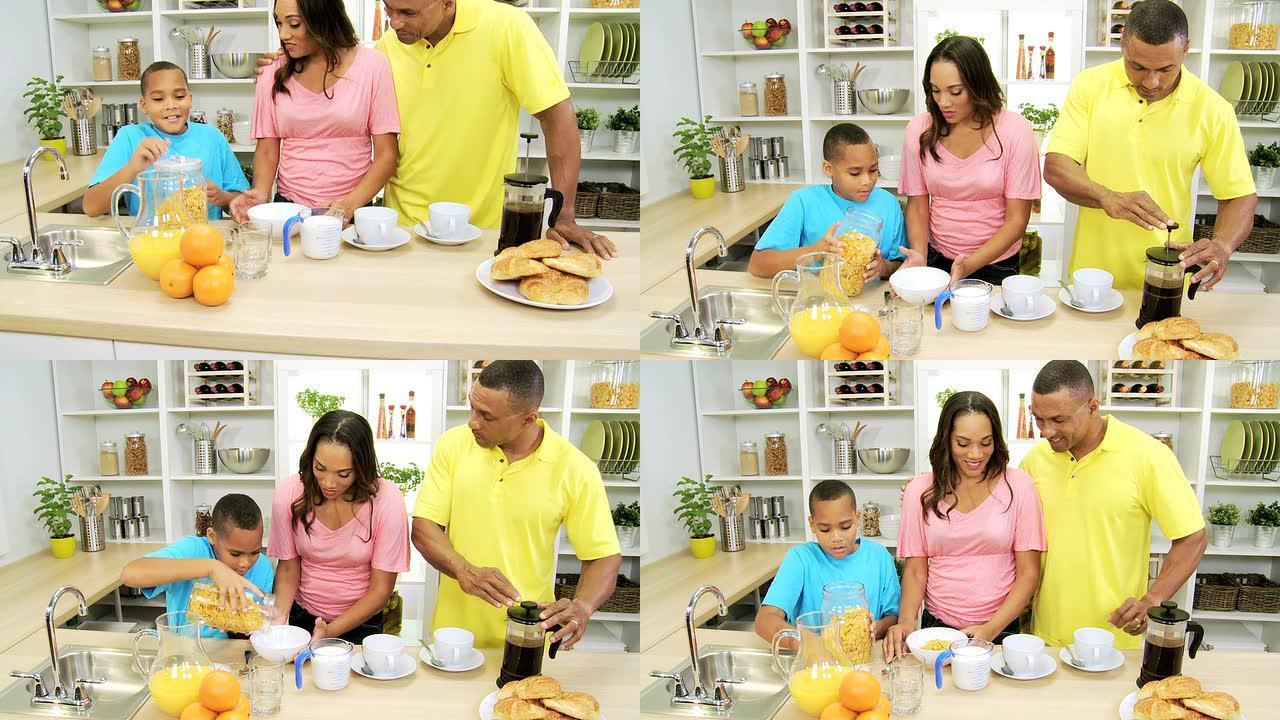年轻的非洲裔美国人家庭一起吃早餐
