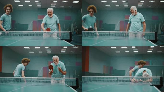 70年代的祖父和他的十几岁的孙子打乒乓球，丢了一分