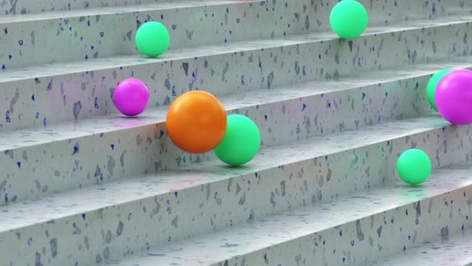 明亮的球散落在大理石楼梯的台阶上