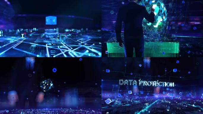 数据保护-商人在夜间办公室工作和接触增强虚拟现实。