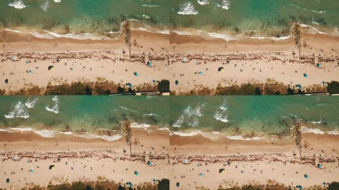 在春季休息2023中午，佛罗里达州棕榈滩的沙滩上，充满蓝色海浪、岩石、海藻、沙滩伞、冲浪板和人们的空