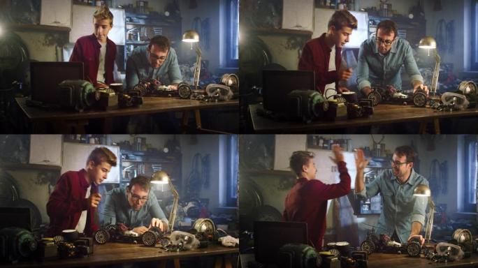 十几岁的男孩和他的父亲在工作室里的肖像，共同为学校科学博览会建造一辆功能性玩具车。人与儿子建立联系，