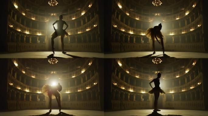 一位年轻的古典芭蕾舞女舞者在图图到达经典剧院舞台进行热身的电影拍摄。优雅的芭蕾舞演员为表演做准备。剪
