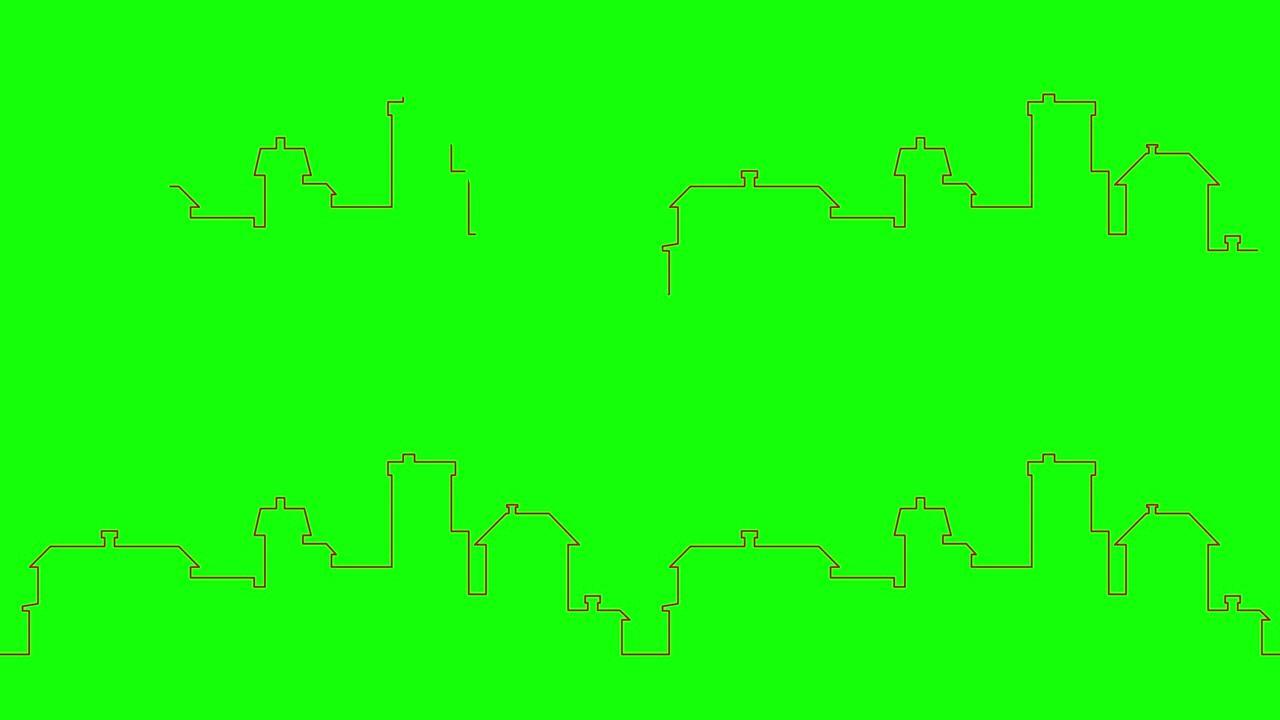 绘制了城市的动画红色剪影。线性城镇。循环视频。旅行、建筑的概念。孤立在绿色背景上的线矢量插图。
