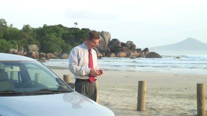 商人在海滩上的汽车旁用手机聊天