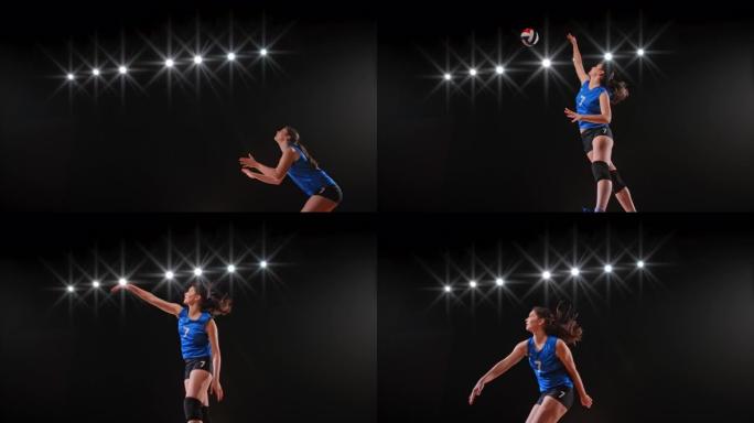 SLO MO SPEED RAMP蓝队女子排球运动员在跳空时击球
