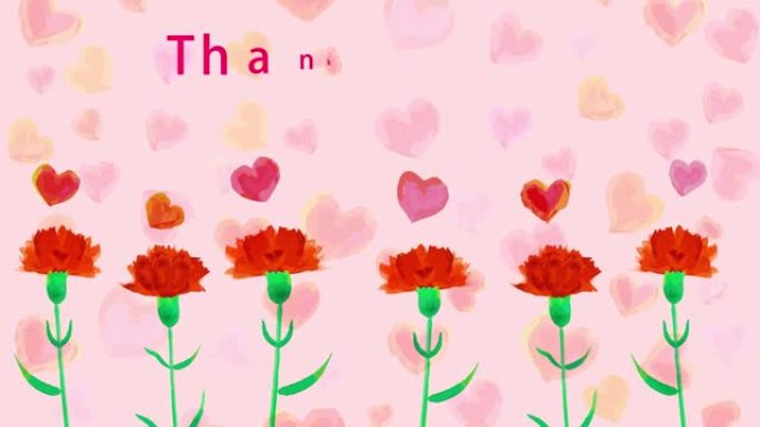 水彩康乃馨和红心感谢妈妈粉色背景动画