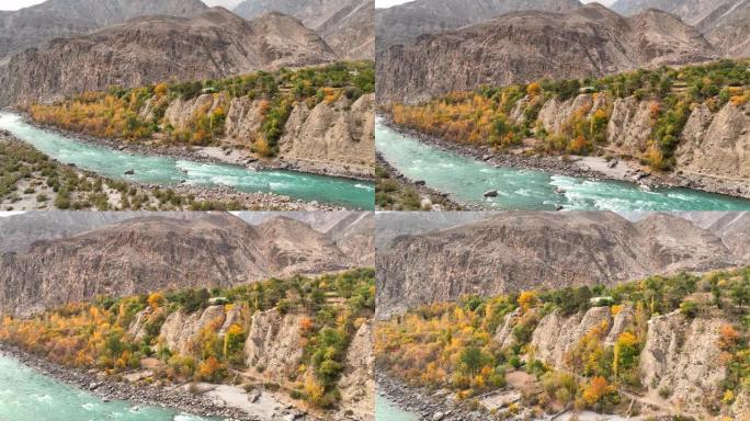 秋天，沿着喀喇昆仑山公路，喜马拉雅山喀喇昆仑山脉中部小村庄的风景鸟瞰图。巴基斯坦北部古皮斯省