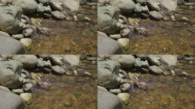 在浅水区，瀑布中的水流经岩石，文字空间