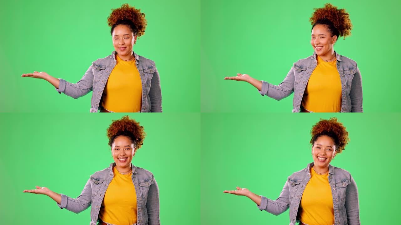 样机，在演播室与黑人妇女一起展示和微笑，以宣传，公告和新闻。快乐，提供和选择与女孩和手势的产品放置，